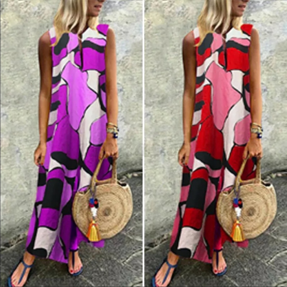 Abstract Print, Sleeveless, Kaftan Style Maxidress - Picture 6 of 11